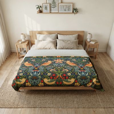 William Morris Style Strawberry Thief (1883) Pattern Cotton Duvet Cover - householdessential