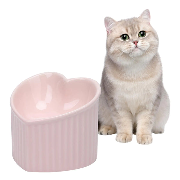 Naiveferry Heart Shaper Ceramic Elevated Cat Bowls Raised Cat Bowls Anti Vomit Stress Free Water Food Feeder Microwave Safe Pet Accessories for Small Cats Dogs(Pink)