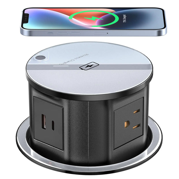 Pop Up Outlet Electrical Power Socket for Kitchen Countertop Retractable Recessed Power Strip 4.7inch Hidden Outlet with 15W Wireless Charger 4 AC Plug 1 USB-A and 1 USB-C Port (Black)