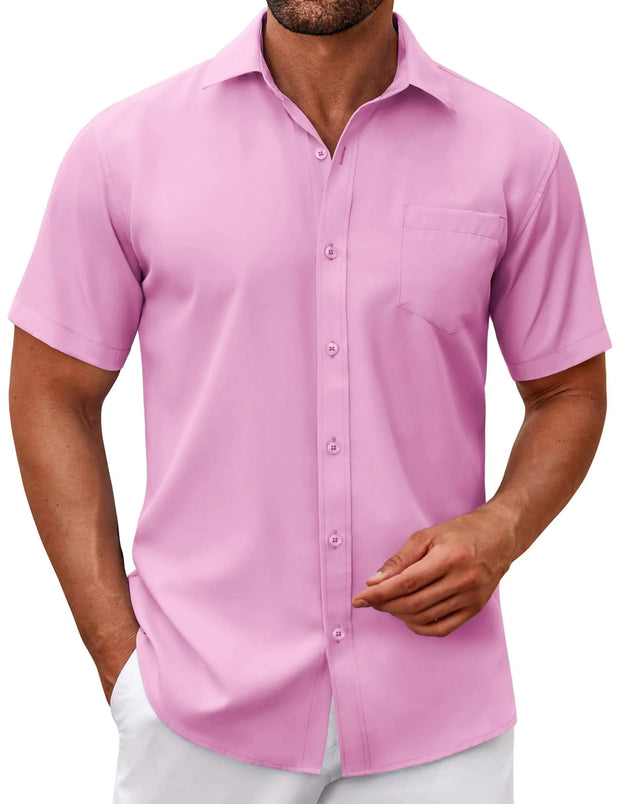 COOFANDY Mens Short Sleeve Button Down Shirt Slim Fit Button Up Shirts Stain Shield Dress Shirts for Men Pink