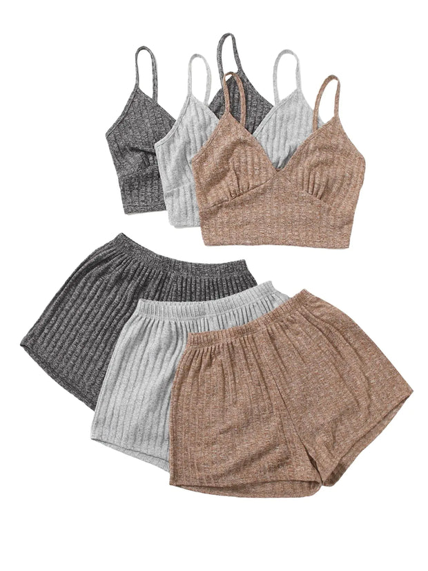 GORGLITTER 6 Piece Comfy Sets for Women Clothing Crop Cami Top and Shorts Cute PJ set Loungewear Multicolor Grey Large