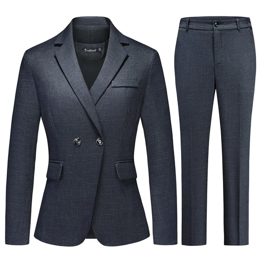 Grey Plaid Blazer Set: Women's Checked Office Suits - householdessential