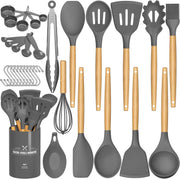 Kitchen Cooking Utensils Set, 33 Pcs Non-Stick Silicone Utensils Spatula Set with Holder, Wooden Handle Heat Resistant Silicone Kitchen Gadgets Utensil Set (Gray)