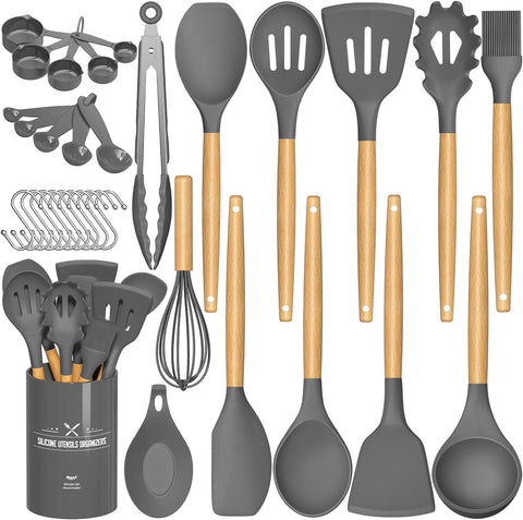 Kitchen Cooking Utensils Set, 33 Pcs Non-Stick Silicone Utensils Spatula Set with Holder, Wooden Handle Heat Resistant Silicone Kitchen Gadgets Utensil Set (Gray)
