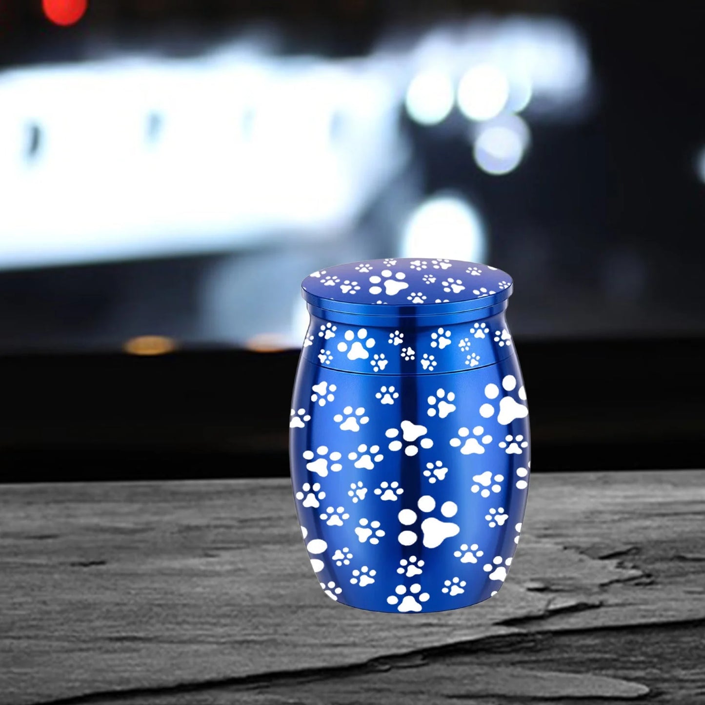 Blue Metal Pet Urn Engraved Paw Small Animal Memorial - householdessential