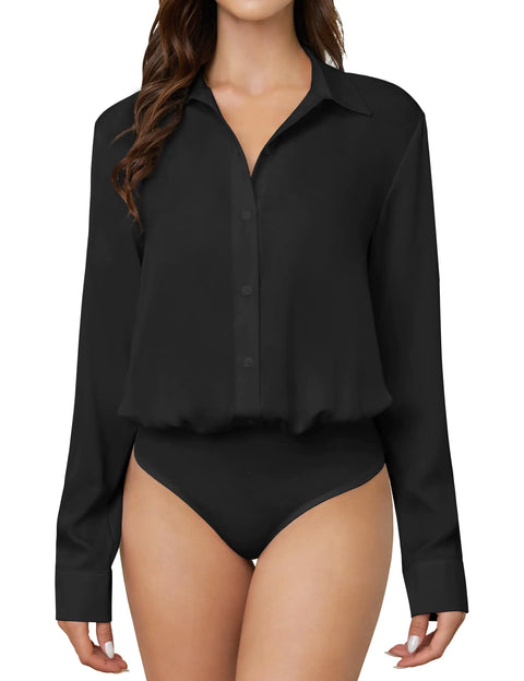 TQD Women Button Down Bodysuit Long Sleeve Collared Shirt Satin Blouse Body Suit Dressy Business Casual Office Professional
