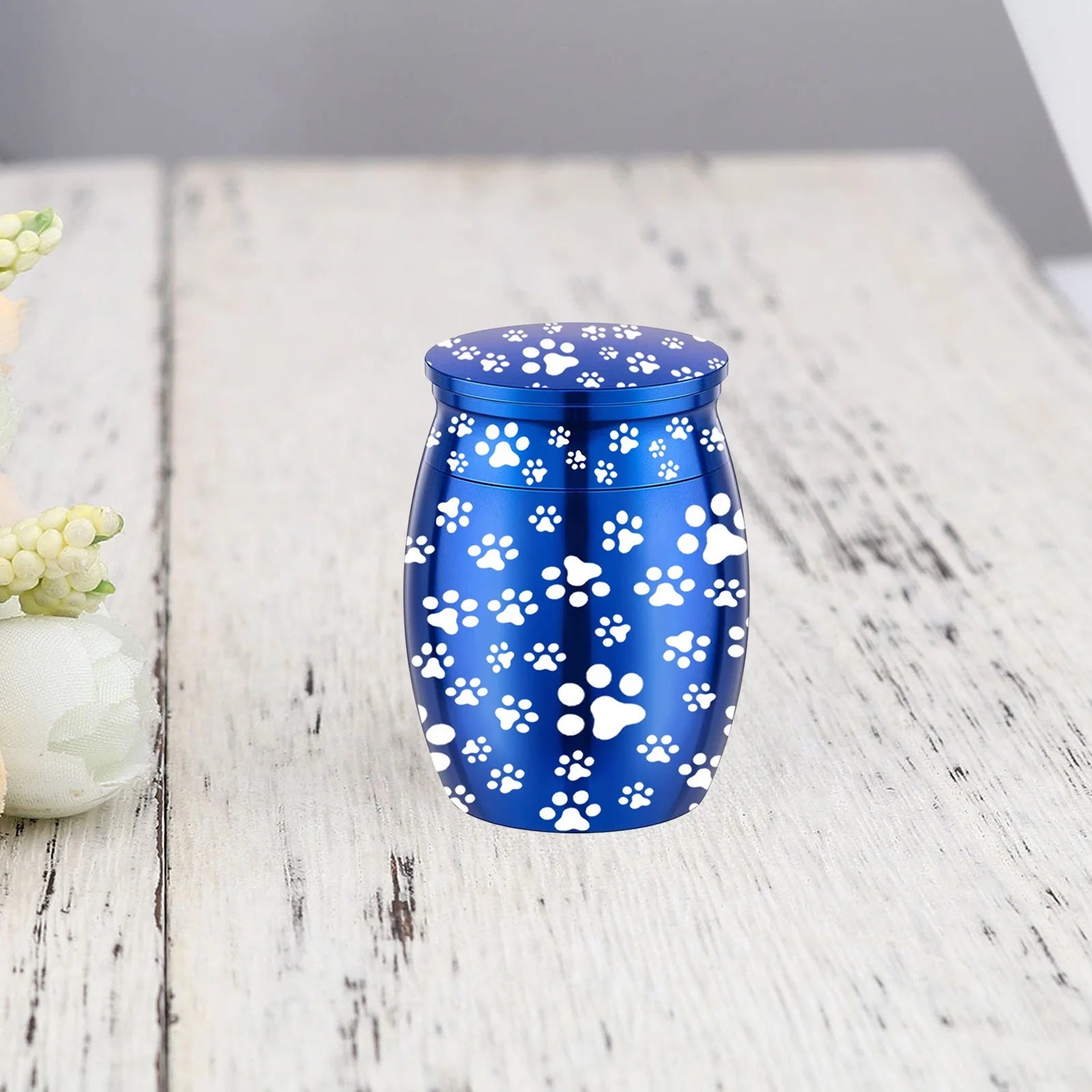 Blue Metal Pet Urn Engraved Paw Small Animal Memorial - householdessential