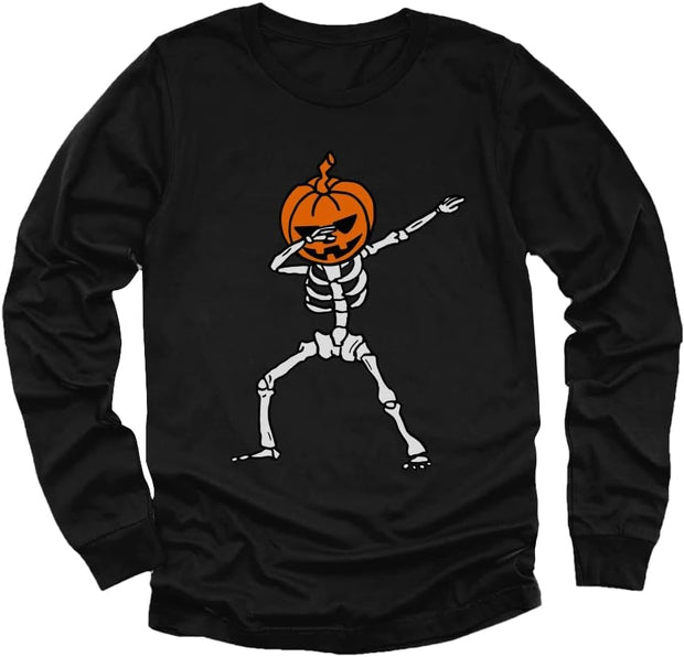 Dabbing Skeleton with Jack O' Lantern Kids Halloween Shirt - Youth Boys Girls Long Sleeve Tee