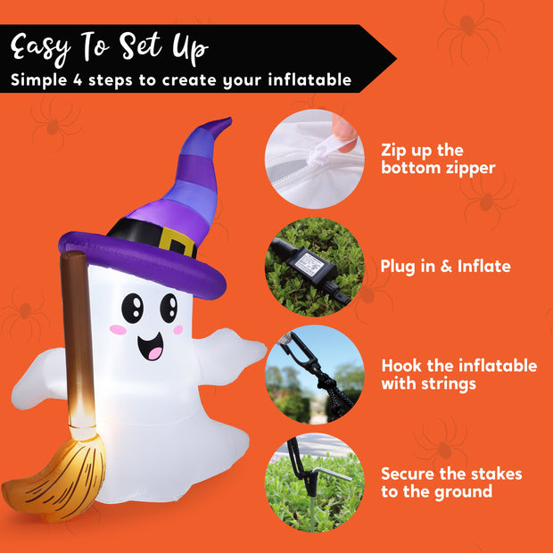 6Ft Halloween Inflatables Light up Cute Ghosts with Witch Hat,Halloween Decorations Outdoor,Blow up Halloween Yard Decorations