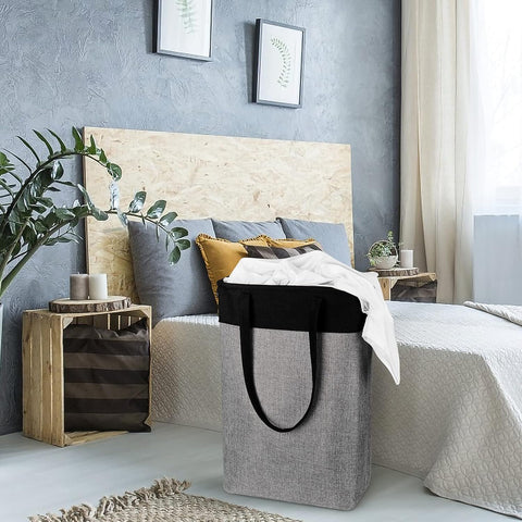 Collapsible Laundry Baskets Double Laundry Hampers Large Foldable Laundry Basket Organizer with Straps Black Gray Cloth Laundry Hamper Patchcwork Laundry Sorter Dirty Clothes Basket, QY-SC23-2