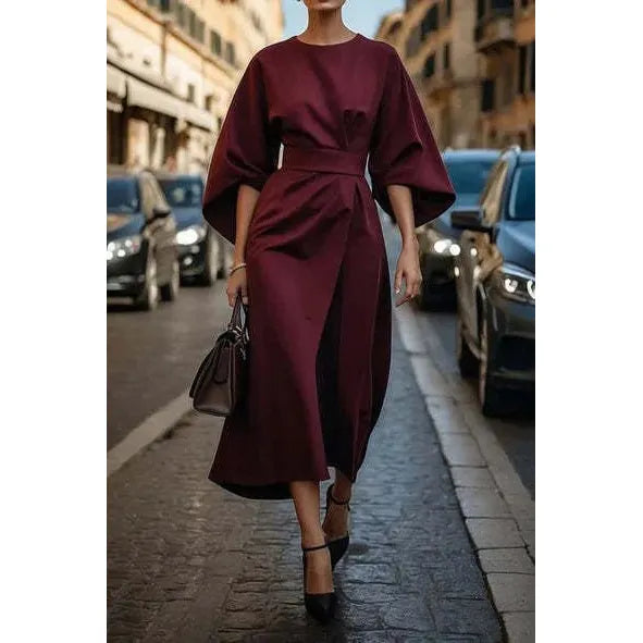 Loose Batwing Sleeve Dress Fashion Waist - tighted Solid Color Elegant Dresses For Women Clothing - householdessential