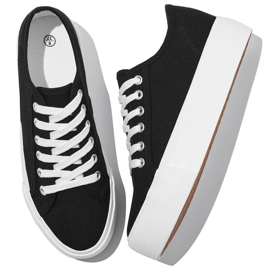 Waluzs Platform Sneakers for Women Low Top Platform Shoes Lace Up Womens Canvas Shoes Breathable White Tennis Shoes (BlackUS9) - householdessential