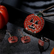 4Pcs Halloween Jewelry Set Thanksgiving Pumpkin Ring Necklace Earrings for Women Rhinestones Hook Dangle Earrings Pendant Necklace Adjustable Ring Halloween Costume Jewelry