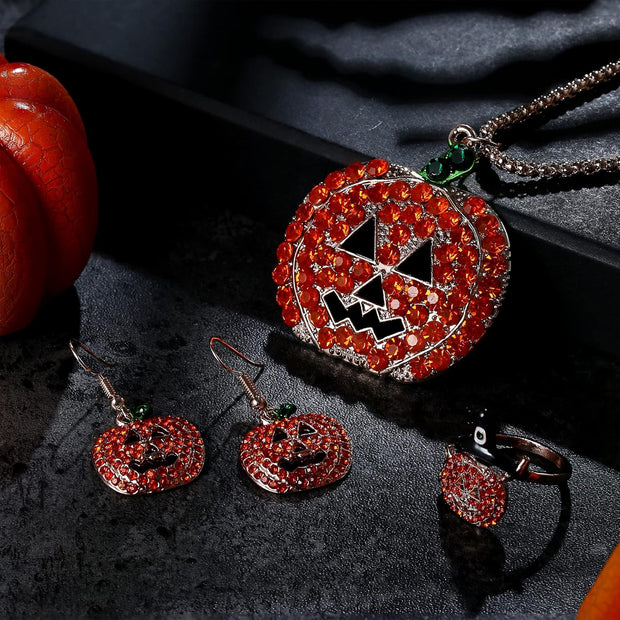 4Pcs Halloween Jewelry Set Thanksgiving Pumpkin Ring Necklace Earrings for Women Rhinestones Hook Dangle Earrings Pendant Necklace Adjustable Ring Halloween Costume Jewelry