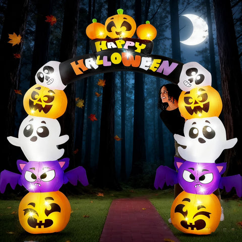 Joyfy 8 Ft Halloween Inflatable Archway Stacked Pumpkins Halloween Archway Bat Decorations Inflatable with Build-In Leds,Halloween Blow up Yard Decorations