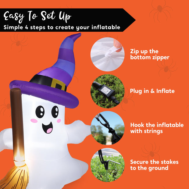 6Ft Halloween Inflatables Light up Cute Ghosts with Witch Hat,Halloween Decorations Outdoor,Blow up Halloween Yard Decorations