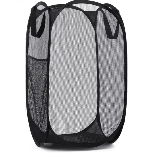 Collapsible Mesh Laundry Basket with Side Pocket - Breathable Clothes Storage Organizer - householdessential