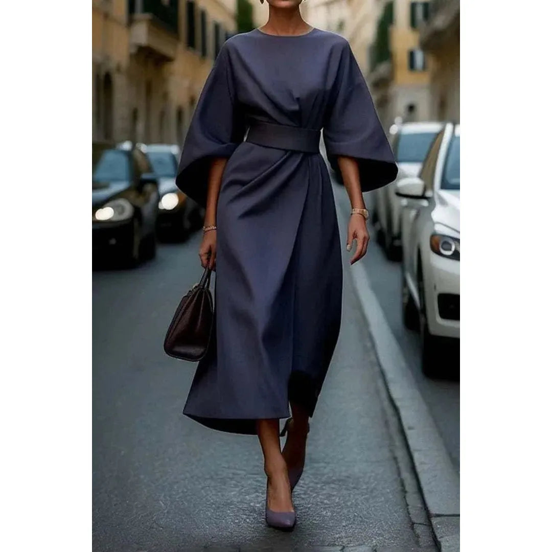 Loose Batwing Sleeve Dress Fashion Waist - tighted Solid Color Elegant Dresses For Women Clothing - householdessential