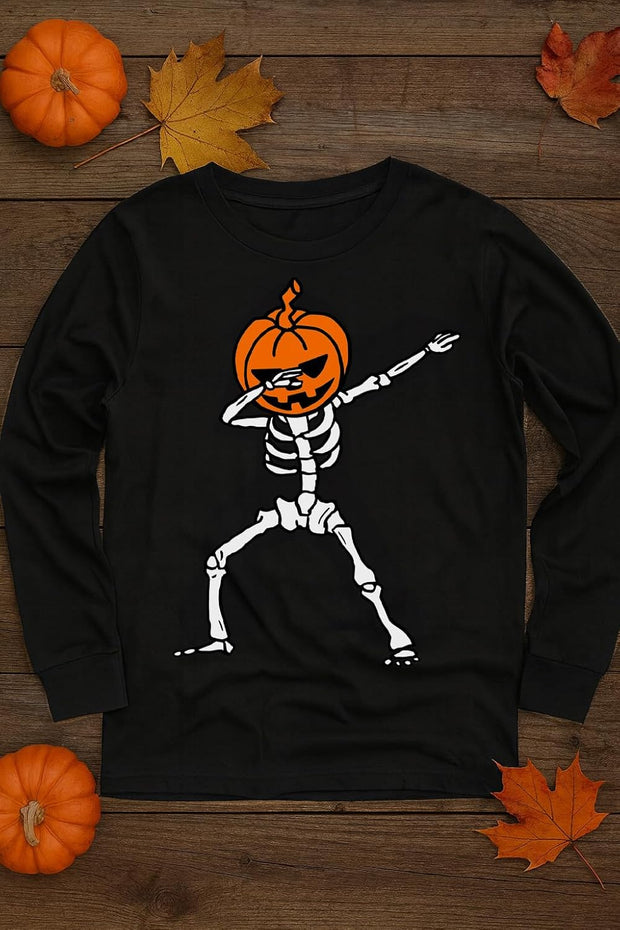 Dabbing Skeleton with Jack O' Lantern Kids Halloween Shirt - Youth Boys Girls Long Sleeve Tee