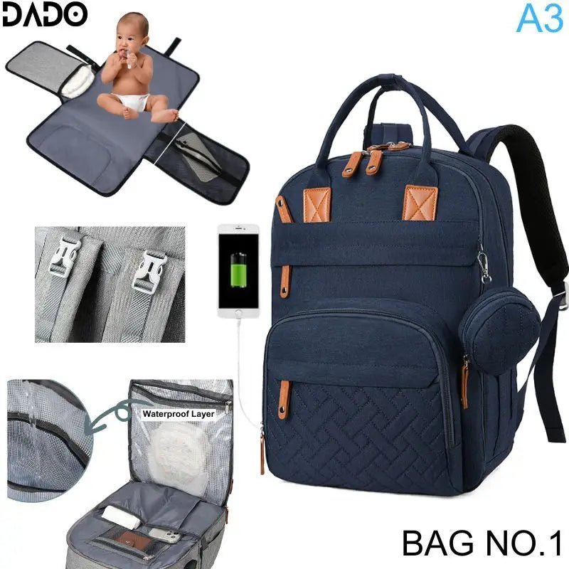 Waterproof Diaper Bag Backpack Multifunction Travel Tote with Changing Station Pad - householdessential
