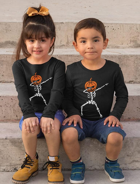 Dabbing Skeleton with Jack O' Lantern Kids Halloween Shirt - Youth Boys Girls Long Sleeve Tee