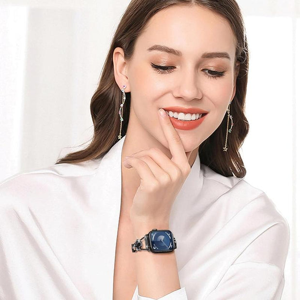 BUREI Black Shell Clover Slim Metal Bracelet for Apple Watch - Business & Dressy Strap Compatible Ultra 2/Ultra/Series 9-1/SE/SE2 (38-49Mm) Women & Men (Watch Not Included)