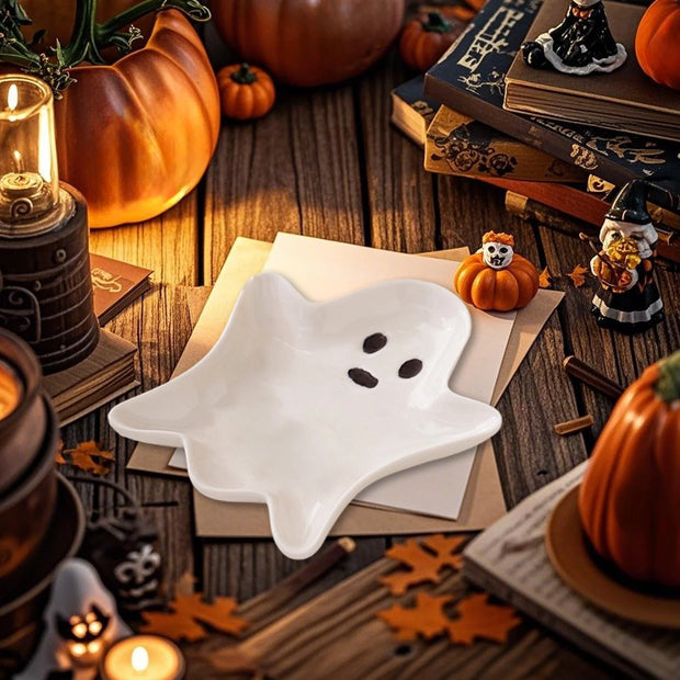 Upgraded Halloween Ceramic Ghost Plate 5"X4",Reusable Halloween Plate for Everything from Desserts, Salads, Snacks, Candy, Appetizers and More (Pack of 2)