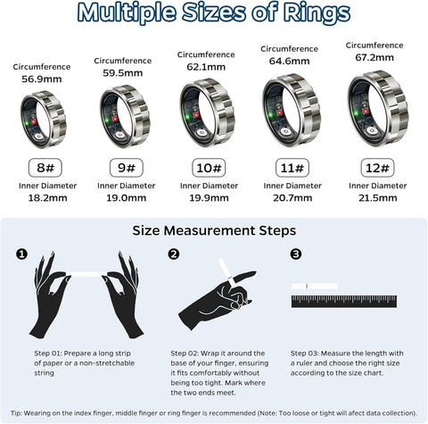 Smart Ring Health Tracker, Sleep Tracker Ring with Heart Rate, Waterproof Fitness Ring for Activity Monitoring/Steps/Distance/Calories,Air Gestures,Up to 7Day Battery,For Ios Android(Stylish Silver#8)