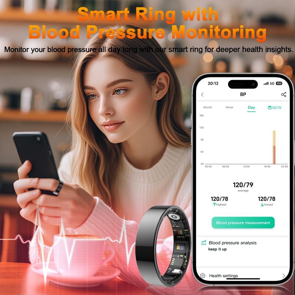 Smart Ring Health Tracker, Blood Pressure Monitoring Ring, IP68 Waterproof Fitness Ring - householdessential