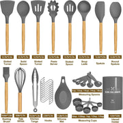 Kitchen Cooking Utensils Set, 33 Pcs Non-Stick Silicone Utensils Spatula Set with Holder, Wooden Handle Heat Resistant Silicone Kitchen Gadgets Utensil Set (Gray)