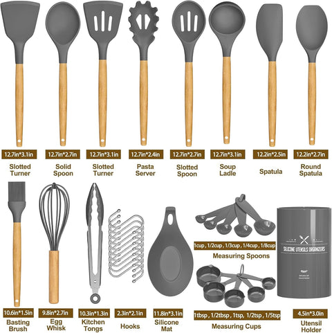 Kitchen Cooking Utensils Set, 33 Pcs Non-Stick Silicone Utensils Spatula Set with Holder, Wooden Handle Heat Resistant Silicone Kitchen Gadgets Utensil Set (Gray)