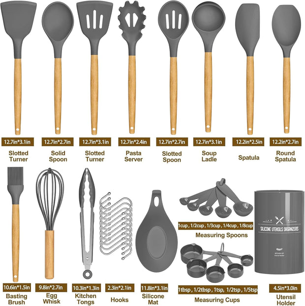 Kitchen Cooking Utensils Set, 33 Pcs Non-Stick Silicone Utensils Spatula Set with Holder, Wooden Handle Heat Resistant Silicone Kitchen Gadgets Utensil Set (Gray)