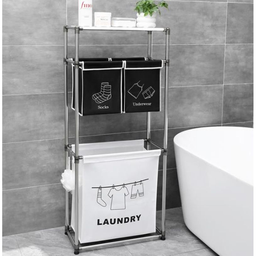 Waterproof Laundry Sorter with 3 Bags, 3-Tier Design and Hooks for Organization - householdessential