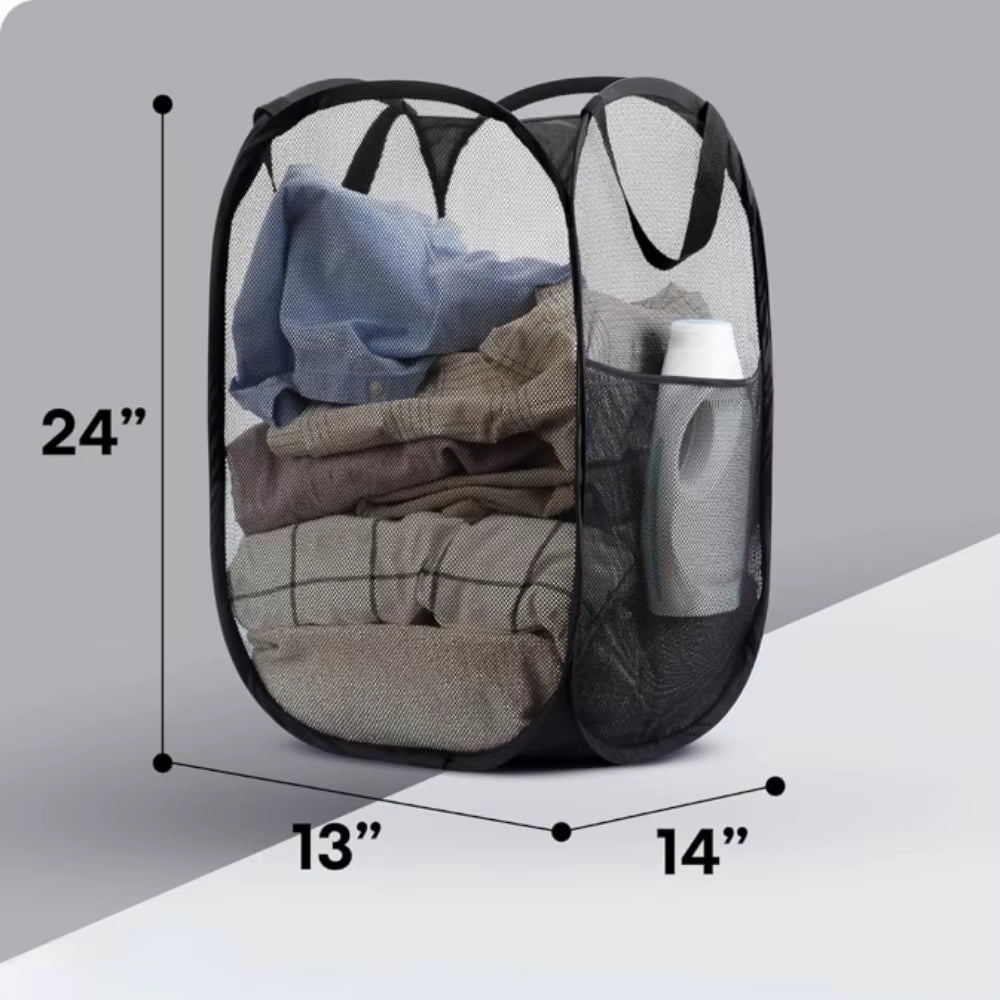Collapsible Mesh Laundry Basket with Side Pocket - Breathable Clothes Storage Organizer - householdessential