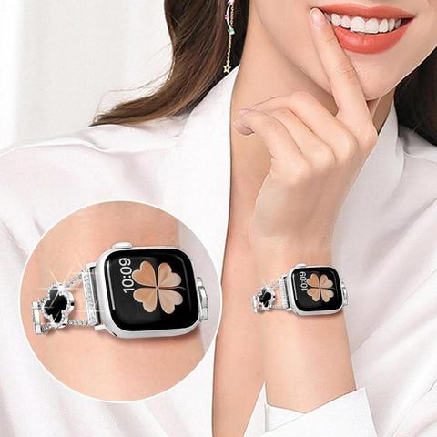 BUREI Black Shell Clover Slim Metal Bracelet for Apple Watch - Business & Dressy Strap Compatible Ultra 2/Ultra/Series 9-1/SE/SE2 (38-49Mm) Women & Men (Watch Not Included)