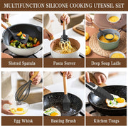 Kitchen Cooking Utensils Set, 33 Pcs Non-Stick Silicone Utensils Spatula Set with Holder, Wooden Handle Heat Resistant Silicone Kitchen Gadgets Utensil Set (Gray)