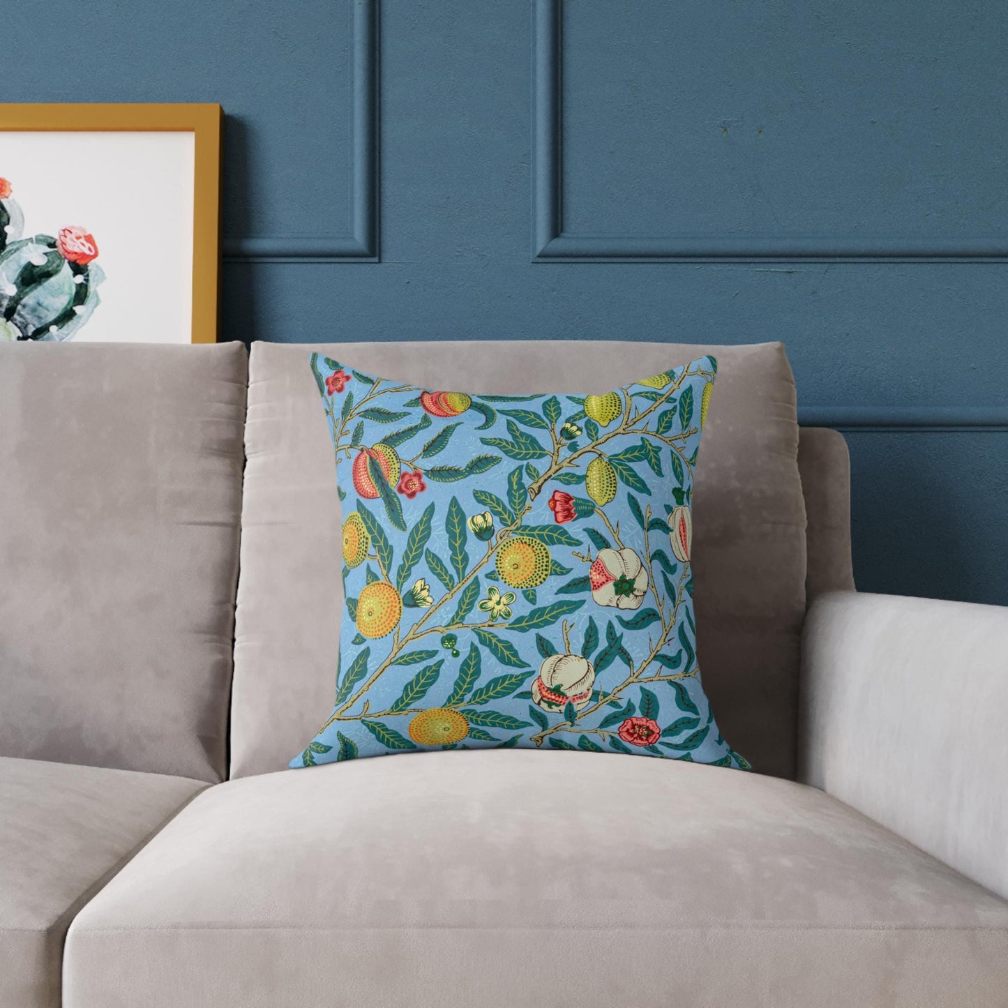 William Morris Vintage Four Fruits Pattern (1862) Pillow | Blue Botanical Pattern, Lemon Orange Branches - householdessential