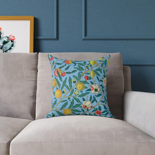 William Morris Vintage Four Fruits Pattern (1862) Pillow | Blue Botanical Pattern, Lemon Orange Branches - householdessential