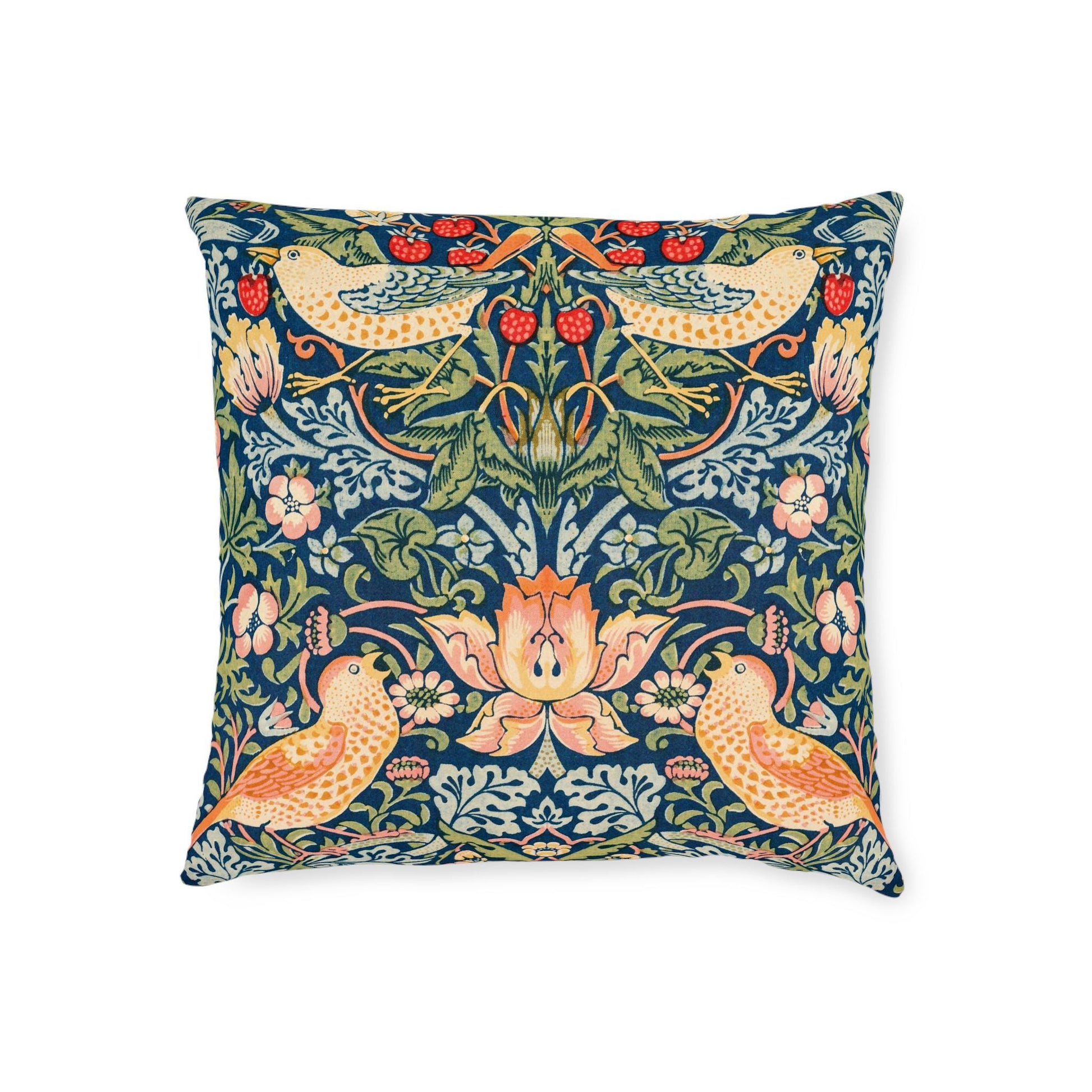 William Morris Strawberry Thief Floral Pattern Square Cushion | Vintage Botanical Birds - householdessential