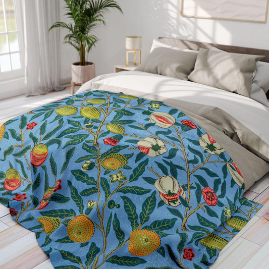 William Morris Four Fruits Pattern Arctic Fleece Blanket | Floral Throw - householdessential