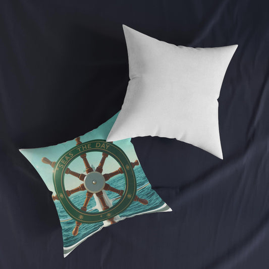 Seas the Day Ship Wheel Square Cushion | Nautical Ocean Coastal Decor - householdessential