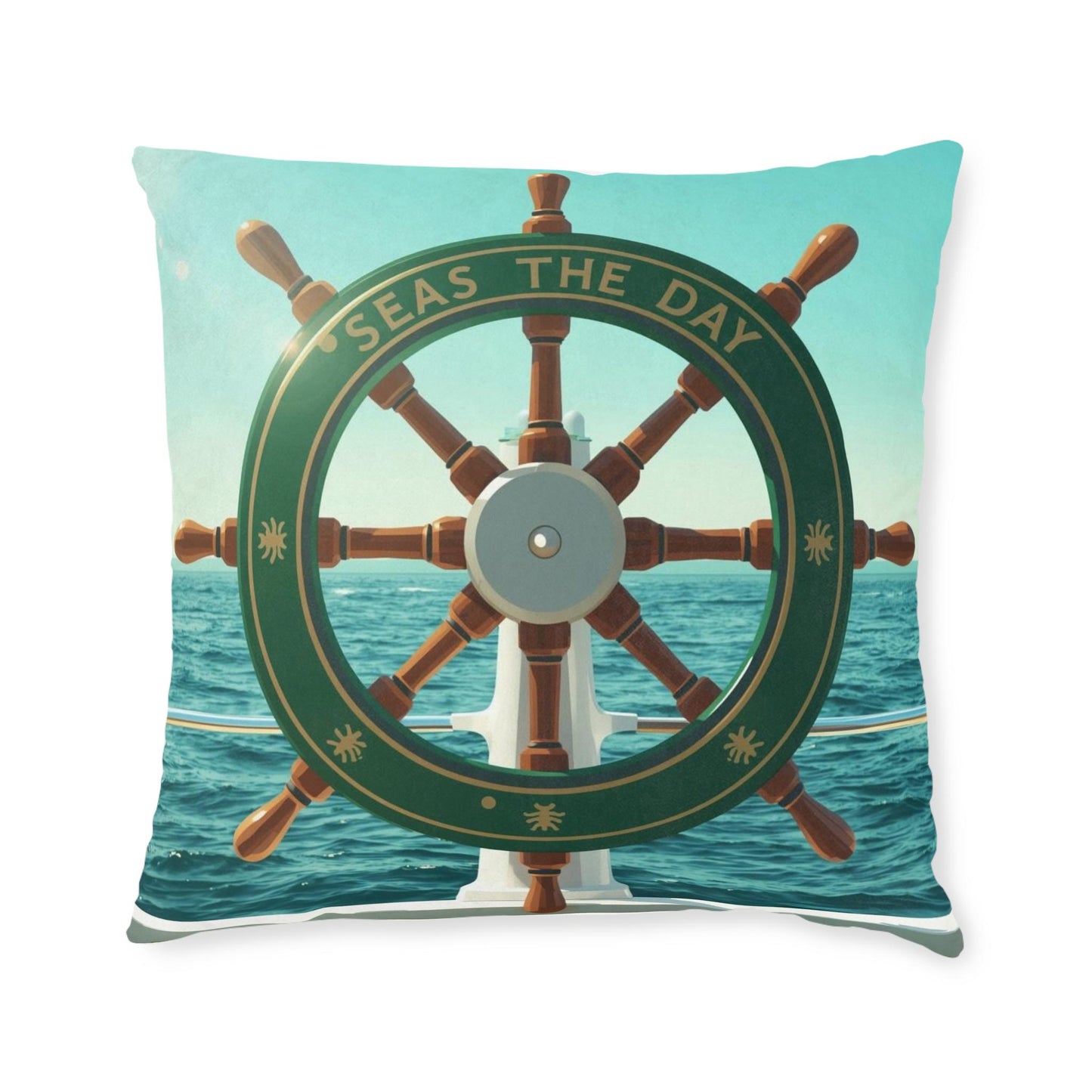 Seas the Day Ship Wheel Square Cushion | Nautical Ocean Coastal Decor - householdessential