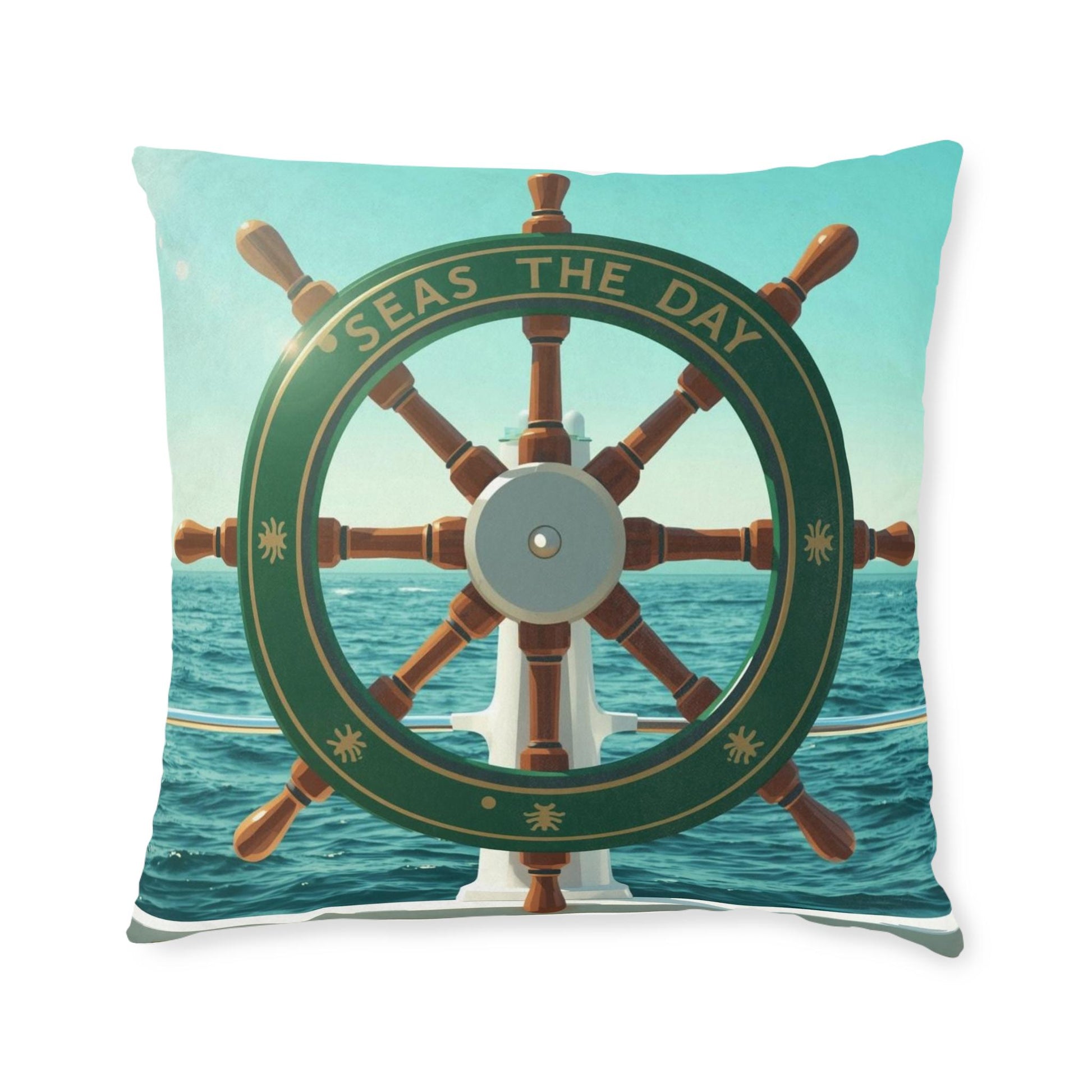 Seas the Day Ship Wheel Square Cushion | Nautical Ocean Coastal Decor - householdessential
