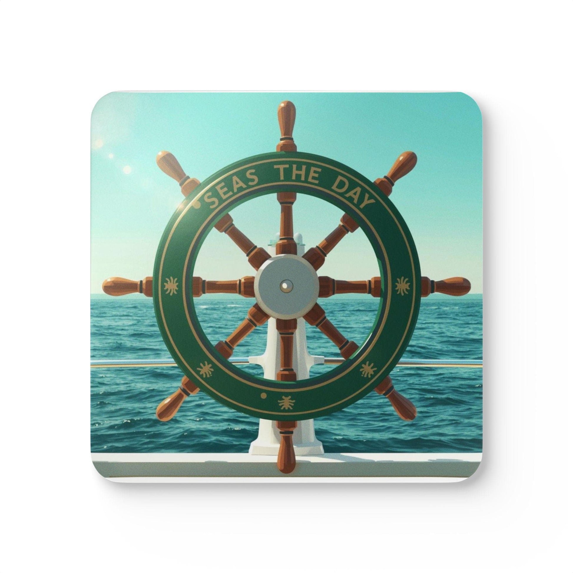 Seas the Day Ship Wheel Corkwood Coaster - householdessential