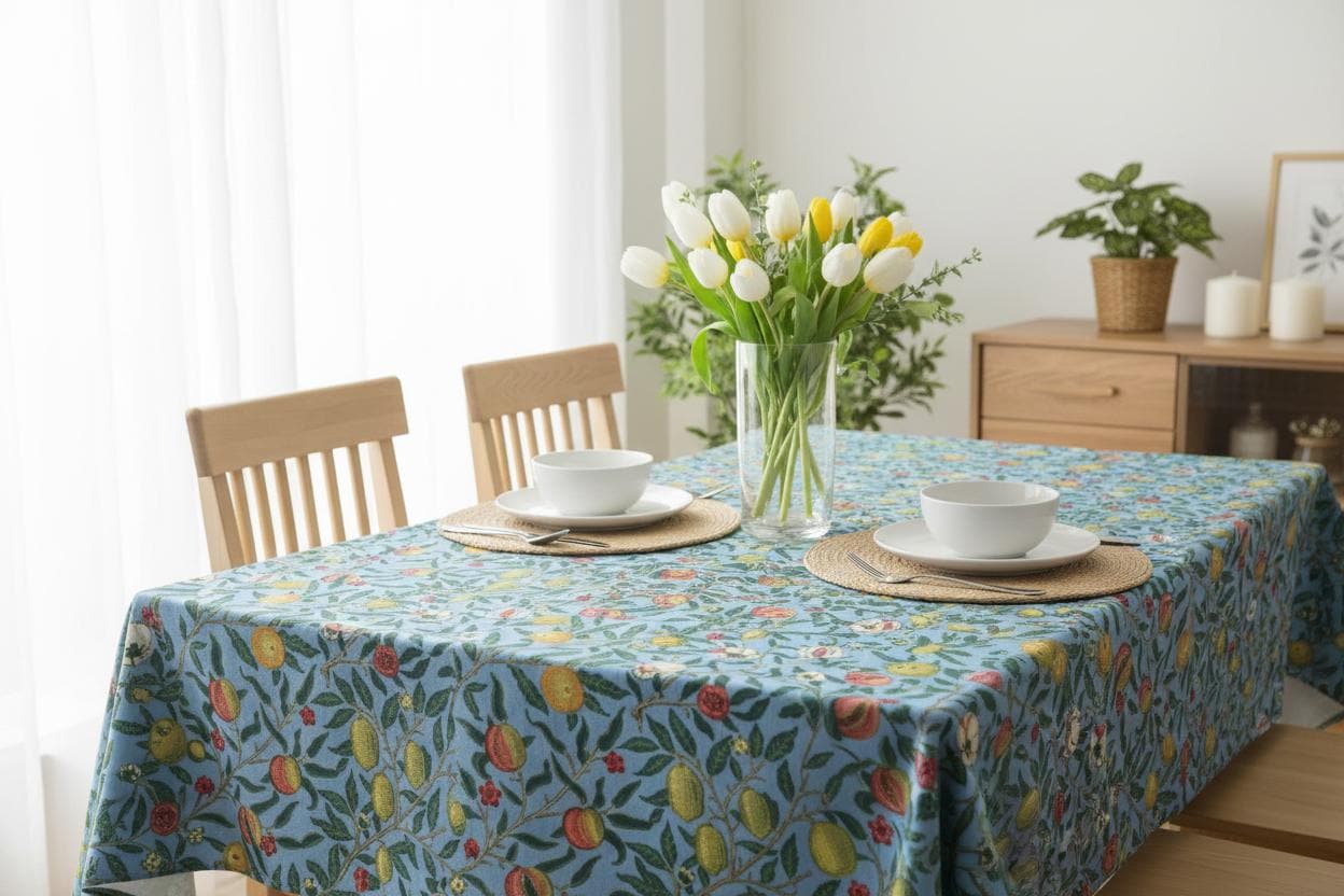 William Morris Four Fruits Pattern (1862) Tablecloth | Blue Fruit Branches Table Linen - householdessential