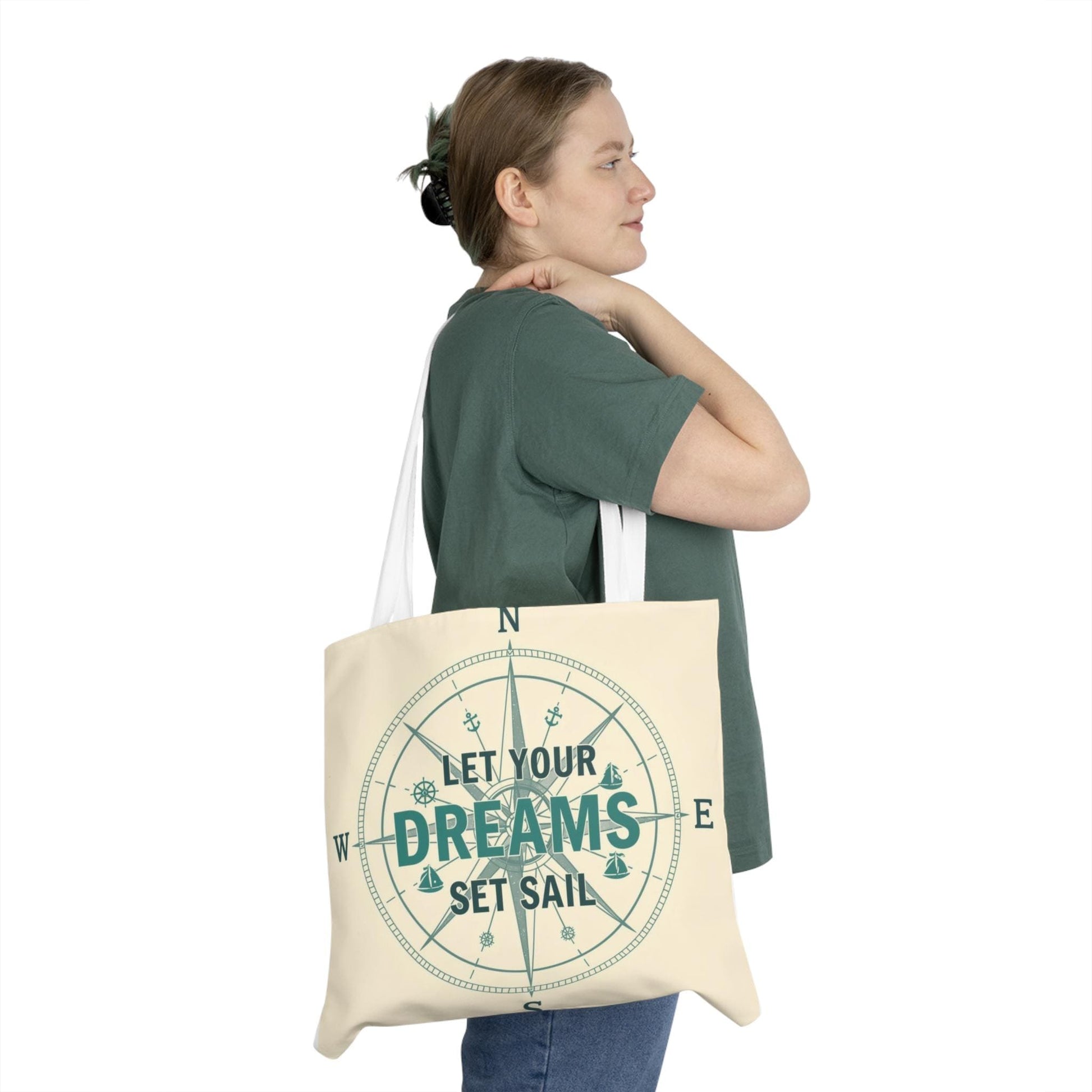 Let Your Dreams Set Sail Shoulder Tote Bag | Nautical Compass Design - householdessential