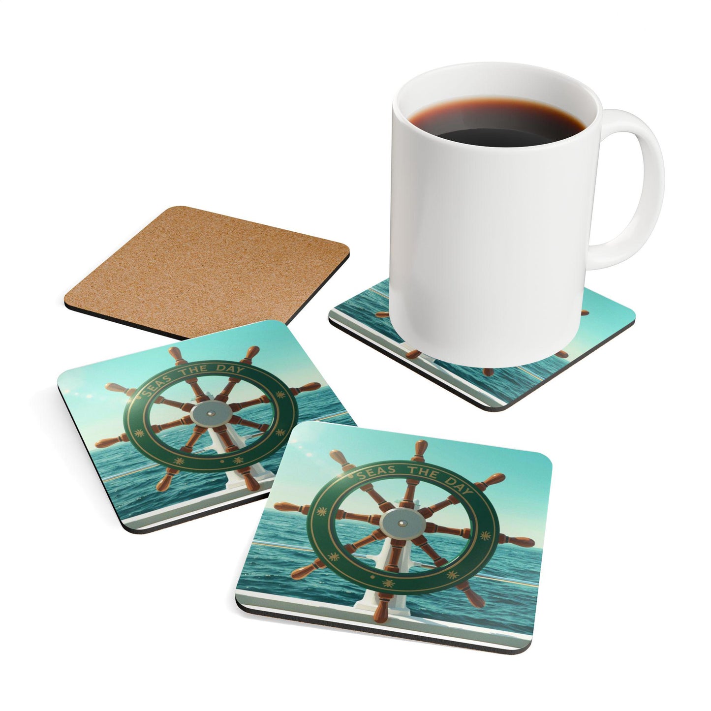 Seas the Day Ship Wheel Corkwood Coaster - householdessential