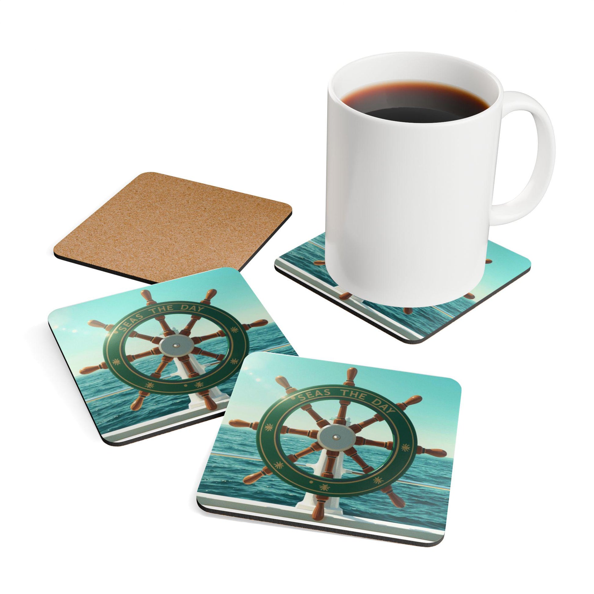 Seas the Day Ship Wheel Corkwood Coaster - householdessential