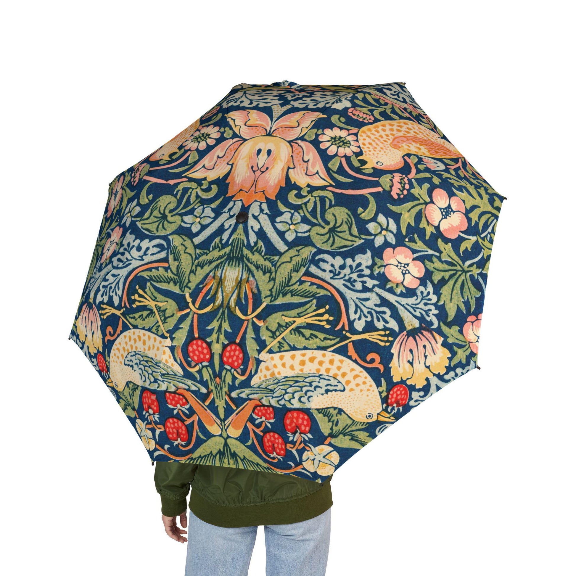 Semi - Automatic Foldable Umbrella William Morris Strawberry Thief - householdessential