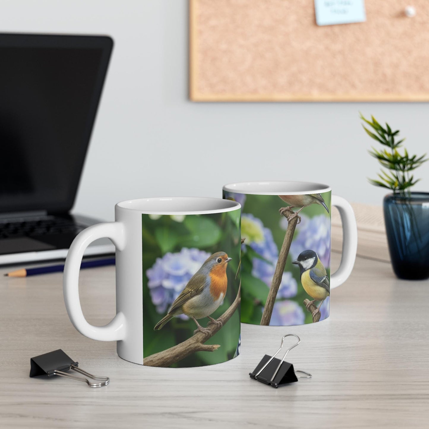 Yellow Finch and Robin Birds Mug | Floral Branch Coffee Cup - householdessential